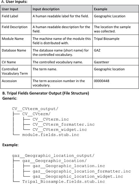 Input and output for TFG. The command line program prompts the user to provide a series of inputs (A) and checks the database to determine if the specified controlled vocabulary term exists. If it does, the software produces a set of files in the correct directory structure to generate the field (B). An example is given using the ‘Geographic location’ term from the Gazetteer vocabulary for a mock module named Tripal_Biosample (C). This demonstrates how the user’s inputs are structured into the file names. These inputs are also used to build all the necessary code variables and functions in each file, leaving only the essential custom coding for the function bodies for the developer to finish.