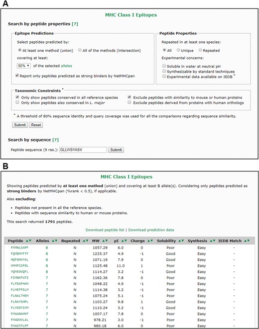 The VianniaTopes web interface. (A) Main search options for MHC-I prediction data. (B) Sample result for a search by peptide properties using the criteria shown in panel A.