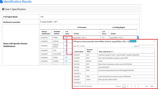 The result page (first part). The first part of the result page contains the information of the user’s settings. Uniquely, users can download all the sets of genes containing specific histone modifications defined by the users for further investigation.