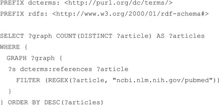 SPARQL query that counts the references in each RDF graph. According to guideline 4, all datasets refer to the PubMed literature using the dcterms:references property.
