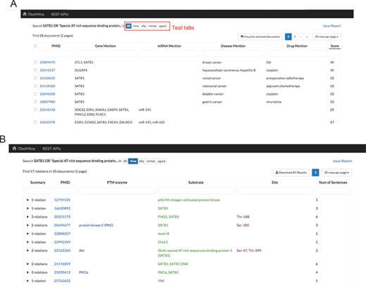 Tabular view of text-mining results. (A) Summarized results for query: SATB1 OR ‘Special AT-rich sequence-binding protein 1’. (B) Search result for RLIMS-P.