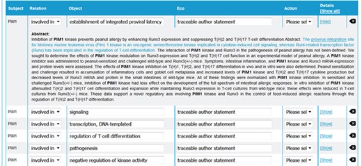 neXtA5 user interface for curation. From the abstract of an article, neXtA5 extracts relevant concepts and displays a list of potential annotations. Here, the annotations related to PIM1 for the BPs and extracted from the abstract of (32) are shown.