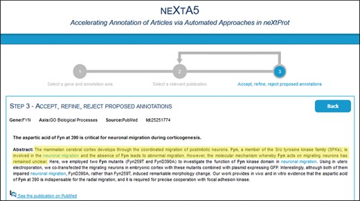 neXtA5 user interface for curation. One of the guidelines for the curators to select relevant documents was to not consider statements from titles and from the introductory part of the abstract. Here, the introduction of the abstract of (37) related to FYN function (BP axis) is highlighted in yellow.