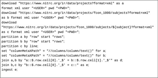 A sample ingestion script to retrieve and join data from three web services to form self-contained metadata records to be ingested.