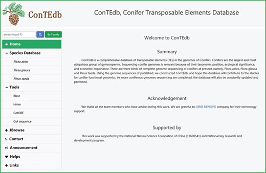 ConTEdb organization and the functional sections in the database.