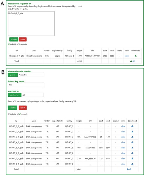 The user interface of searching in ConTEdb. (A) The interface of ‘search by ID’ and the result of a sample. (B) The interface of ‘search by family’ and the result of a sample.