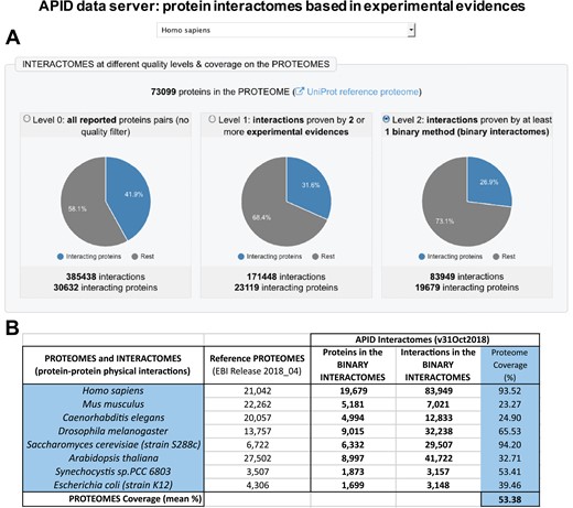 Presention of the new version of APID (Agile Protein Interactomes DataServer) that includes binary interactomes based in experimental evidences. (A) Panel with a view of the entry page of APID website that shows the human interactomes provided in three quality levels. (B) Table showing the numbers included in APID database about sizes of the binary interactomes, the corresponding reference proteomes and the coverage of the interactome on the proteome (in %) for seven model organisms and for humans.