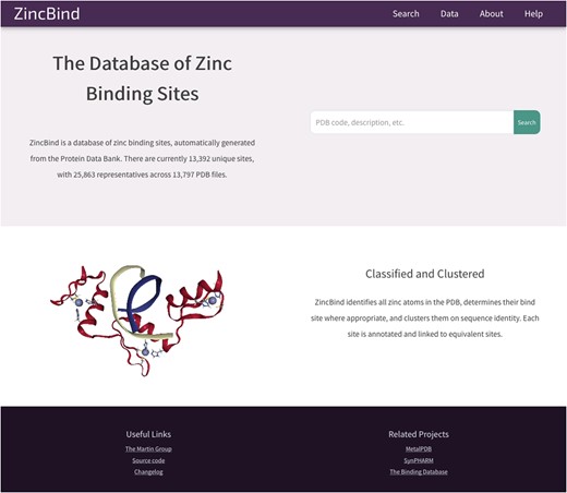 The ZincBind home page. From here the user has the option of performing a ‘quick search’ of the entire database, without having to construct an advanced query on the advanced search page. The links in the navigation bar at the top offer quick access to this search functionality, as well as overviews of the data, browse options and help resources.