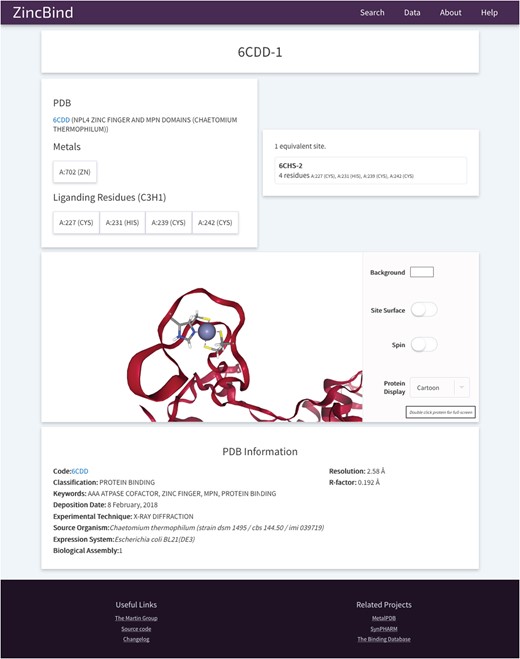 An example of a Zinc Binding Site on ZincBind. This provides an overview of the liganding residues, and the zinc atom(s) in this site. There are links to any equivalent sites that might exist in the database. Below this is a 3D, fully manipulable representation of the binding site, with customizable display options. Finally, there is a summary of the PDB structure from which the site is taken.