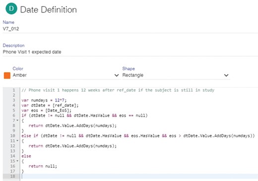 An illustrative visit date rule defined in the Page Tracker. This particular rule specifies that phone visit 1 must occur 12 weeks after the reference date if the subject is still in the study. The rule utilizes two dates: the reference date for this specific visit and the end-of-study (EOS) date. If the reference date is not null and the EOS date is null, phone visit 1 is expected 12 weeks after the reference date. If EOS is not null but happens after the expected phone visit date, the rule returns this expected date, otherwise it returns null to indicate that a phone visit is not expected for this subject because the study has already finished.