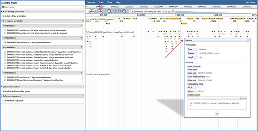 JBrowse in FairBase. Editing sites can be explored in a genomic context using JBrowse. Users can obtain the editing details by clicking on an editing event.