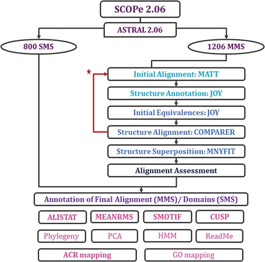 Workflow for rigorous structure-based sequence alignment of protein domains with less than 40% sequence identity belonging to SCOPe superfamilies. The initial alignment, final alignment and alignment assessment phases are coloured in cyan, blue and indigo. Features that were generated for the alignments (for MMS) and domains (for SMS) are listed, with in-house features in bold. Extreme structural outliers were removed from superfamilies if required and the remaining members were realigned (marked by red star).