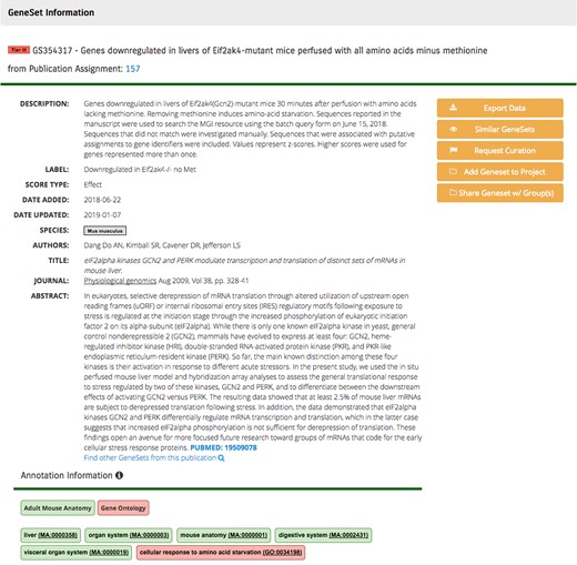 Sample GeneSet from GW showing the curator-populated fields of Gene Set Name, Gene Set Figure Label. Gene Set Description and Ontology Annotations. Publication data are populated by providing the PMID during the set upload.