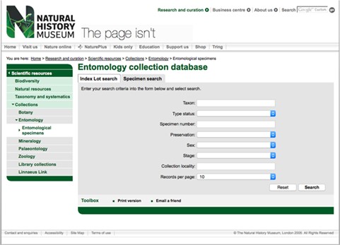The old web search interface to the Entomology collections of the NHM.