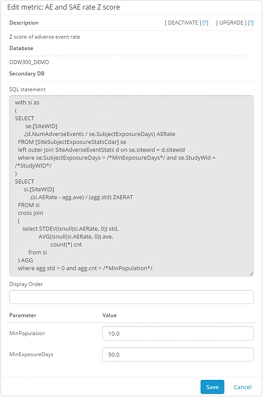 Metric configuration UI. This application allows the configurators to specify the parameters stored in the system to describe and implement the metric. Metrics can be defined using arbitrarily complex and parameterized SQL statements. The parameters are entered separately to promote reuse of the overall logic.