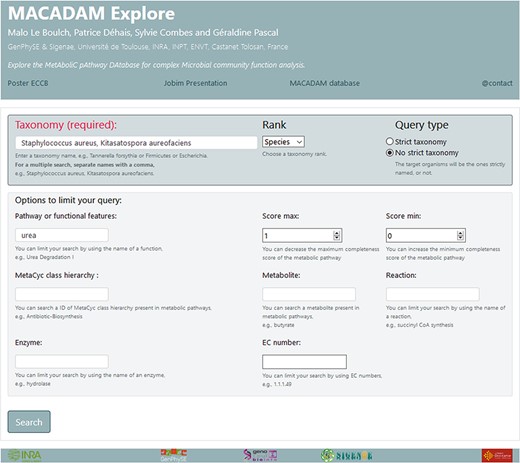 Screenshot of MACADAM Explore website showing the query of all functional information containing the word ‘urea’ in the species ‘Staphylococcus aureus’ and ‘Kitasatospora aureofaciens’.
