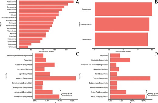 MACADAM functional diversity for phyla with >10 PGDBs in MACADA (A) among bacterial phyla, (B) among archaea phyla, (C) the 10 main hierarchical groups of pathways in all bacterial organisms and (D) the 10 main hierarchical groups of pathways in all archaea organisms.
