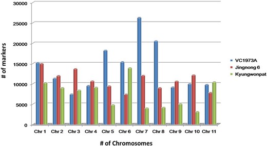 Chromosome-wise abundance of SSRs in V. radiata (cv. VC1973A), V. angularis (cv. Jingnong 6) and V. angularis (Kyungwonpat) varieties.
