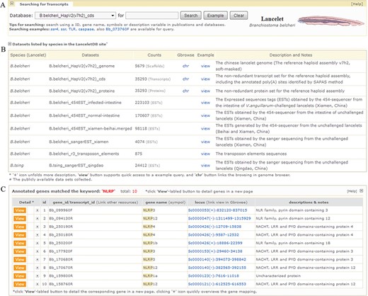 Screenshot of searching page and media page resulting from fuzzy query keyword of ‘NLRP’. (A) User retrieval interface designed to query datasets. (B) Descriptive list of datasets in retrieval interface. The list summarizes released datasets and directs user query. The ‘view’ button supports quick access to an example query of dataset and the ‘chr’ button links browsing of the dataset in a genome browser (Gbrowse). (C) List of gene models matching fuzzy keyword of ‘NLRP’. Texts in ‘locus’ column can guide users to specified URLs to browse gene models in genome browser. For the example mentioned here, it is available at http://genome.bucm.edu.cn/lancelet/search.php?seqkeywords=NLRP&db=Transcripts/B.belcheri_HapV2(v7h2)_cds.
