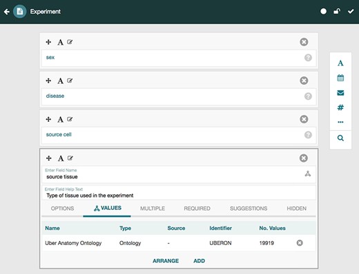 Screenshot of the Template Designer showing the creation of an ‘Experiment’ template with five fields: ‘sex’, ‘disease’, ‘source cell’ and ‘source tissue’. The user can interactively add fields of predefined types (text, date, e-mail, numeric, etc.) to the template and specify additional configuration options for each field. When appropriate, template fields are linked to value sets, ontologies or branches of ontologies stored in the BioPortal repository, standardizing potential values of those fields. Here, the user has specified that values for the field ‘source tissue’ should come from the UBERON.