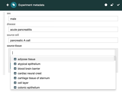 Screenshot of the Metadata Editor for the ‘Experiment’ template showing a list of valid values for the ‘source tissue’ field, which were constrained to the UBERON (see Figure 3).