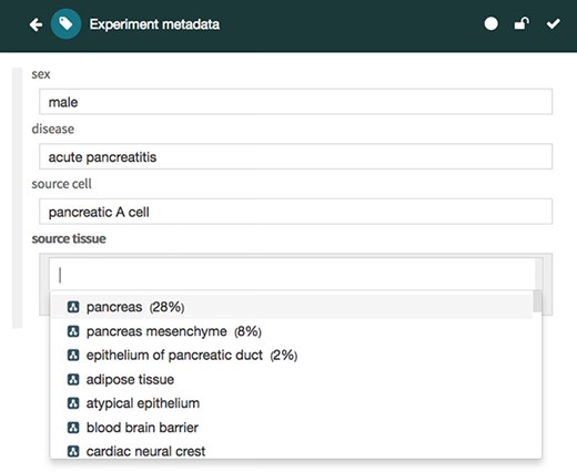 Screenshot of the CEDAR Metadata Editor showing recommended values for a particular target field. In this case, the editor shows three suggested values for the ‘source tissue’ field ranked in order of likelihood: ‘pancreas’, ‘pancreas mesenchyme’ and ‘epithelium of pancreatic duct’, followed by other valid values for the target field. Ontology-based terms are indicated with an ontology icon. The recommendation score for each suggested value is presented as a percentage.