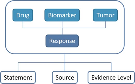 Schema of the database contents and their relationships. The information in ResMarkerDB is organized around the combination of biomarker and the response to a certain treatment in a certain cancer type. For this combination of entities, a supporting statement, the reporting source and the evidence level is provided.