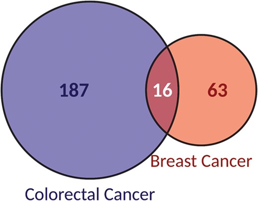 Classification of biomarkers according to the cancer type they are reported as associated to: breast or colorectal cancer.