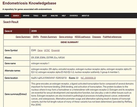 Search results page of Endometriosis Knowledgebase.