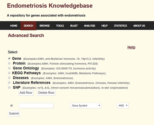 Advanced search page of Endometriosis Knowledgebase.