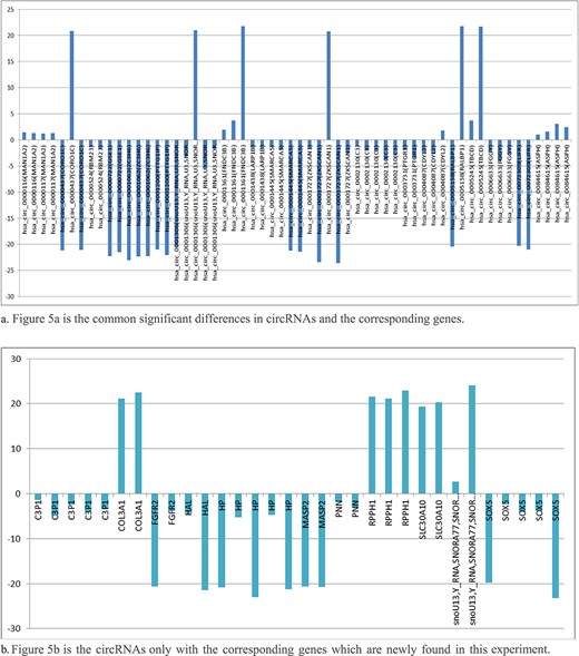 The common significant differences in circRNAs and their corresponding genes. (a) Figure 5a is the common significant differences in circRNAs and the corresponding genes. (b) Figure 5b is the circRNAs only with the corresponding genes that are newly found in this experiment.