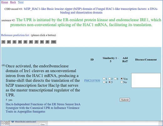 A screenshot of the text similarity annotation tool. The curator is reviewing the CDD record titled `Basic leucine zipper (bZIP) domain of Fungal HAC1-like transcription factors: a DNA-binding and dimerization domain’. The curator is reviewing the second sentence from the original summary, which is shown in green letters. Clicking on the button numbered 1–10, the reviewer can see the candidate sentences extracted from the reference list of articles. Each of these sentences is judged on a similarity scale 1–5, with 5 meaning most similar and 1 meaning the least similar. A link to the article is provided (in this case, a link to the full text is provided). The title of the referenced article is given under the candidate sentence, for the curator’s convenience. The curator selects the `Add reference’ button as needed.