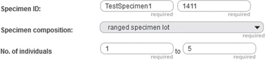 Positive integer input field example. Detail from the entry form of a specimen document from the prototype of semantic Morph·D·Base that is currently in development (https://proto.morphdbase.de/). The positive integer input field discussed in the text is at the bottom right. Here, it contains the value ‘5’ as its input. At its left is the corresponding minimum input field, with the value ‘1’ as its input.