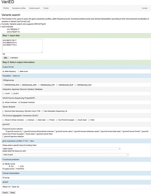 Screenshot of the ‘Variants search’ input page. This page is used to (i) input user queried variants (using chromosomal coordinates or VCF files) and (ii) select output information including allele frequency/counts, reference populations (1000 Genomes/IJGVD/ESP/TWB/ExAC/gnomAD), tissue of interest (any), gene expression profile score (TPM or Rank), functional prediction scores (REVEL, CADD and PolyPhen2), clinical interpretation (ClinVar) and dbSNP versions (Build 151 or Build 152). These options dictate the gene description, allele frequency, functional prediction and clinical interpretation for one or more user-queried variants.