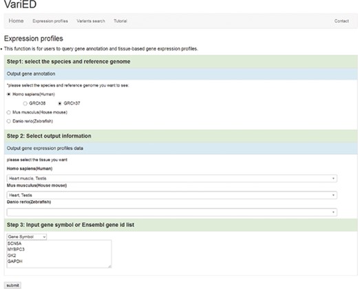 Screenshot of the ‘Expression profiles’ page. This page is used to (i) input user-specified gene names, (ii) select reference populations/species and (iii) indicate the tissue/organ of interest for obtaining gene expression profiles.