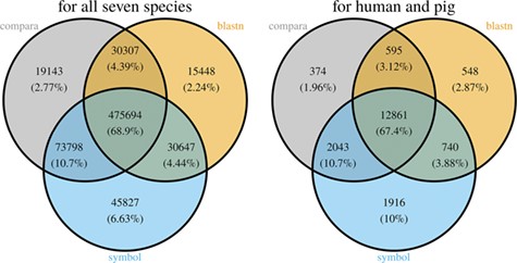 Comparison of the number of genes assigned to the three MAdb data sources. The left Venn diagram shows the sum of assigned genes between all seven species for the three MAdb data sources. The second (right) Venn diagram shows the number of genes assigned between human and pig for all the three MAdb data sources.