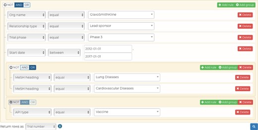Our advanced query builder allows users to filter down CDEK data to very granular details. In this example, the data returned will be all unique Phase III clinical trials studying lung or cardiovascular diseases, excluding vaccines, that were ran by GlaxoSmithKline as the lead sponsor between 2012 and 2017.