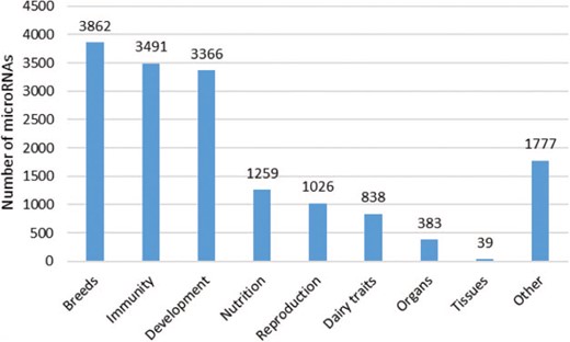 Number of microRNAs according to the conditions studied. The different topics presented here are in line with the issues addressed in the publications. A total of 78 publications were considered, and each article is mentioned only once. Each microRNA was counted several times, if they were described in several publications corresponding to different topics.