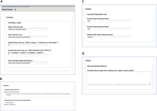 Administration page providing configuration options for MapViewer displays. A. The General section interface to configure links for tutorials and usage examples. B. Toolbar settings to specify feature name format. C. The Chado section provides way to customize Chado terminology for feature position names. D. Maps to be excluded from display by the MapViewer can be listed in the Tools section.