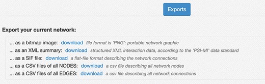 Network export interface. The interface provides several ways to download the network created in the RING. The export menu allows users to save current results as a PNG image, in network formats like SIF and XML that provide easy data exchange with other network analysis tools (custom python script, Cytoscape, Gephy, etc.), and both the node list and the edge list as csv files. Those latter files also contain all the extra attributes, usually not included in the network representation but currently available in the RING, to maximize the informative content returned.