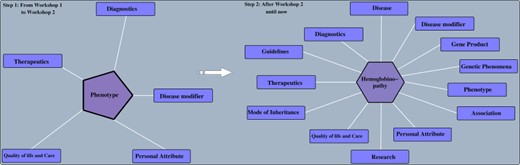 SCDO evolution before and after the second workshop. Before the ontology was built around the ‘Phenotype’ class and after, the ‘hemoglobinopathy’ class became the central class.