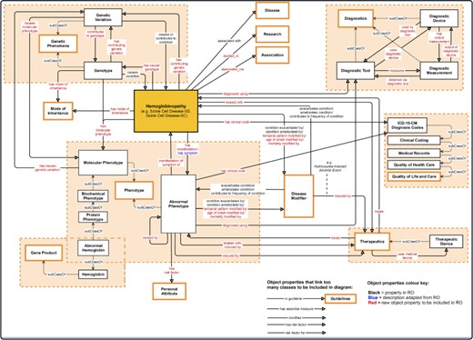 Association between the central class ‘hemoglobinopathy’ and other upper-level classes (close to the root of the ontology) in the SCDO. Properties with an asterisk also link other classes within the ontology, but these could not be shown in detail here.