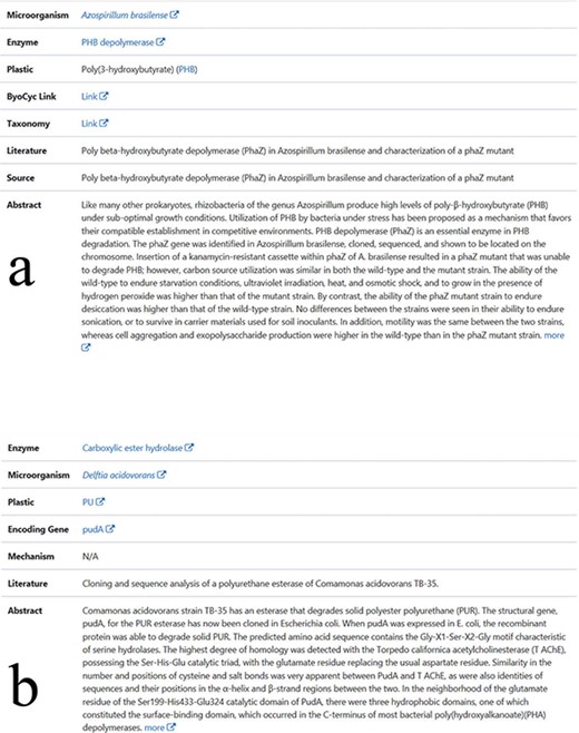 The display of microorganisms or enzymes entries. (a) The display content for each entry of manually collected biodegradation relationships between microorganisms and plastics. (b) The display content for each entry of enzymes with plastics biodegradation function.