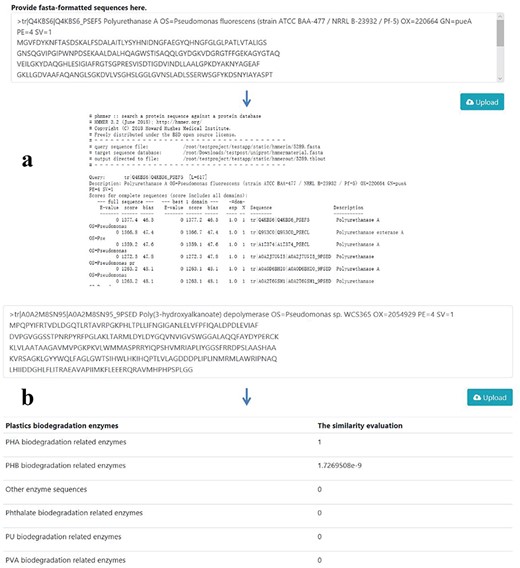 PMBD tools based on the sequences collected in the database. (a) Sequence alignment tool. Users may upload protein sequence in FASTA format. The sequences will be aligned with the sequences in the database with Hmmer. (b) Function prediction tool based on a CNN network. The potential biodegradation function of the inputted sequences will be predicted with a model trained with enzyme sequences in the database.
