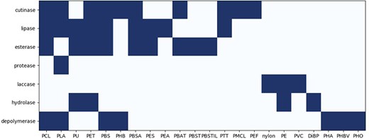 The correlation between enzymes and plastics. The dark blocks indicate interaction between enzymes and plastics.