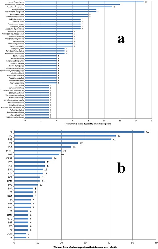 The numeric demonstration of biodegradation relationships between microorganisms and plastics. (a) The numbers of plastics that may be degraded by the listed microorganisms. (b) The numbers of biodegrading microorganisms correspond to each plastic type.