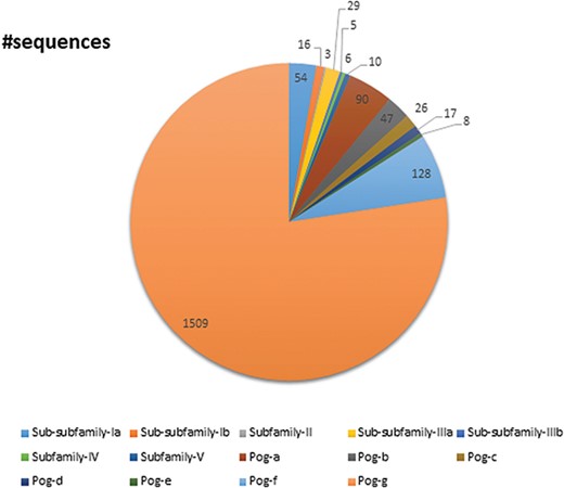 A pie chart showing the total number of sequences present in the database classified into subfamilies and superfamilies.