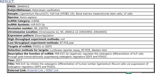 Results table containing the core information included in the database. In this example, we report the result for an ncRNA.