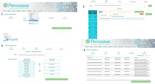 PP interactive interface. 1: select a domain (e.g. read_run); 2: narrow down search (where desired) by specifying taxonomy and sample collection details (e.g. collection date and country); 3: specify (where desired) which fields should be returned in the result report (e.g. centre name, study accession, sample accession, etc); 4: result page with download options in TSV and JASON (JavaScript Object Notation).