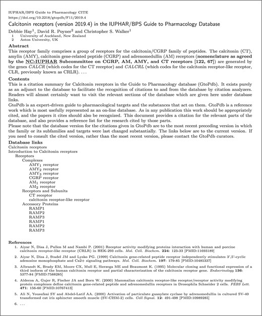 Figure 8 Shows a heavily redacted (for reasons of space) summary that has been generated from GtoPdb. This is a paper (24) in the OJS Journal GtoPdb CITE. Electronic versions of this summary should provide working hypertext links to appropriate sections of the database and cited material.